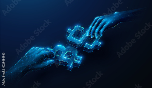 Abstract illustration of hands with BTC Bitcoin and USD Dollar in low poly style. Geometric background showing cryptocurrency, blockchain technology, token exchange stock market concept by wireframe