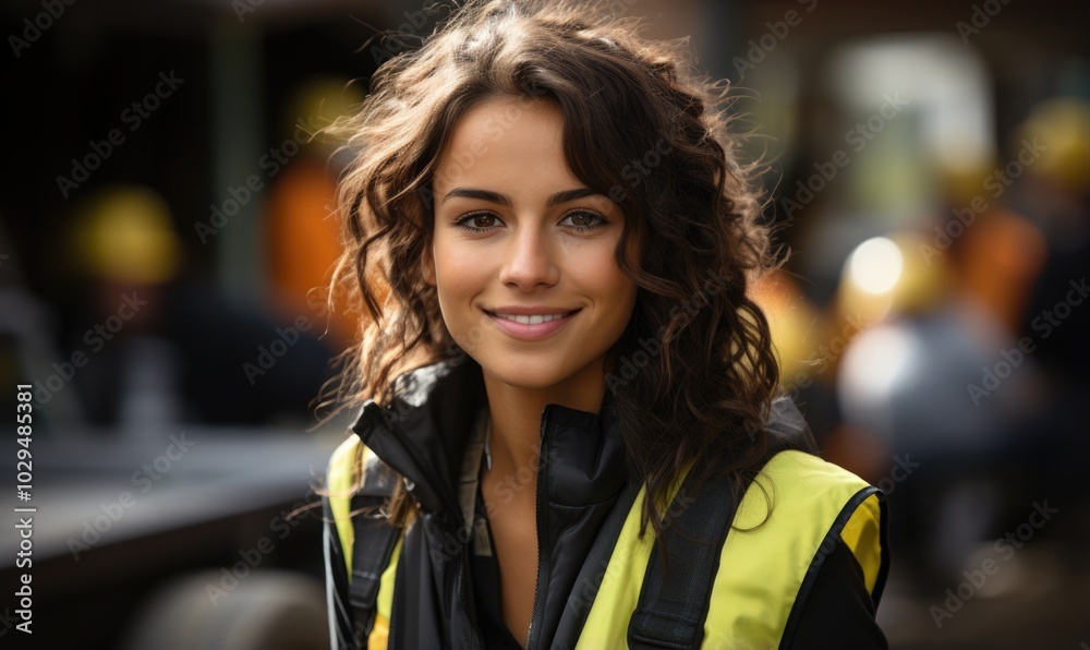 A smiling woman engineer wearing a safety vest, standing confidently with a blurred background. A smiling woman engineer wearing a safety vest, standing confidently with a blurred background.