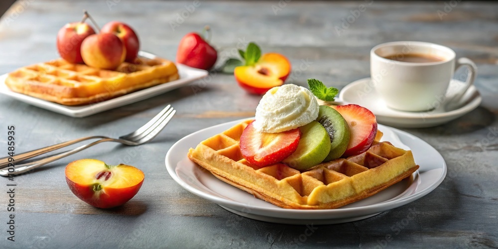 Table silhouette of waffles with strawberries, peach, kiwi, ice cream, and coffee Table silhouette of waffles with strawberries, peach, kiwi, ice cream, and coffee