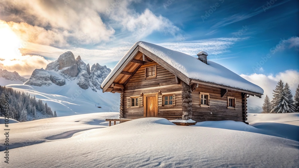 Winter scenery of a wooden house surrounded by snow in the Dolomites mountains