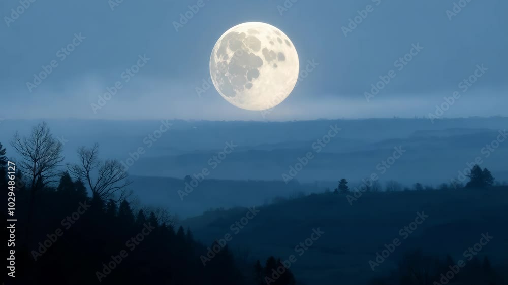 Bright full moon shines in the night sky, casting a soft blue light over a misty landscape, creating a tranquil and serene scene of natural beauty Bright full moon shines in the night sky, casting a soft blue light over a misty landscape, creating a tranquil and serene scene of natural beauty