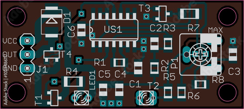Vector printed circuit board of electronic 
device with components of radio elements, 
conductors and contact pads placed on pcb. 
Engineering technical drawing.