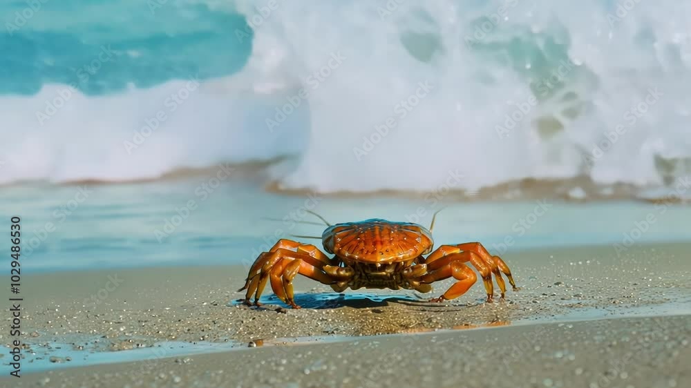 Orange crab strolls on a sandy beach towards the ocean, capturing wildlife in its natural habitat with intricate details Orange crab strolls on a sandy beach towards the ocean, capturing wildlife in its natural habitat with intricate details