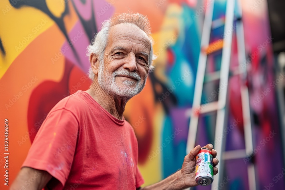Smiling elderly man in a pink shirt standing confidently with a paintbrush in hand, colorful mural in the background
Smiling elderly man in a pink shirt standing confidently with a paintbrush in hand, colorful mural in the background
