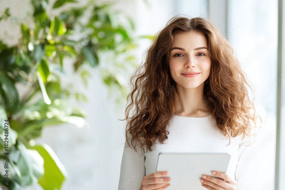 Smiling woman holding tablet in a modern office environment, wearing a white shirt, with curly hair, surrounded by greenery, creating a warm, professional, and welcoming work atmosphere with copy spac Smiling woman holding tablet in a modern office environment, wearing a white shirt, with curly hair, surrounded by greenery, creating a warm, professional, and welcoming work atmosphere with copy spac