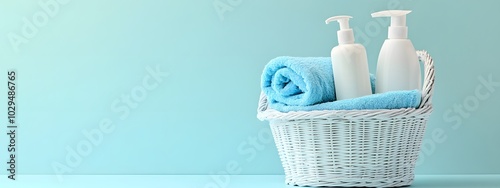 White basket with baby cream, body wash, and towels on a light blue background