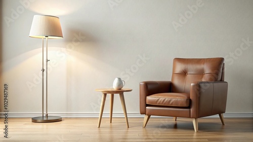 Modern brown armchair with asymmetrical design, including table and lamp