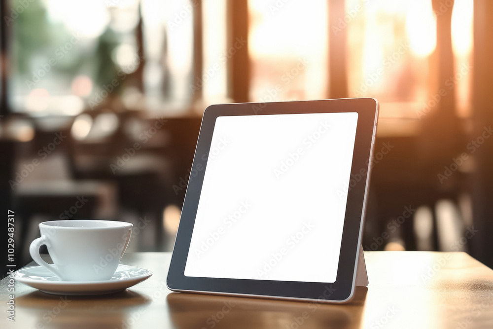 Mockup empty, blank tablet screen, on a table in a coffee shop, with a cup beside, beautiful sunlight Mockup empty, blank tablet screen, on a table in a coffee shop, with a cup beside, beautiful sunlight
