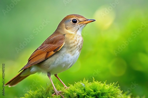 Thruch nightingale Luscinia luscinia against green background at tilted angle photo