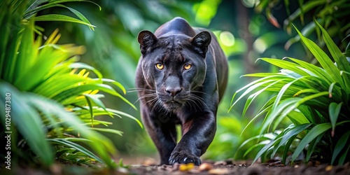 Fototapeta Naklejka Na Ścianę i Meble -  Thrilling encounter of a wild jungle predator hunting in the dark