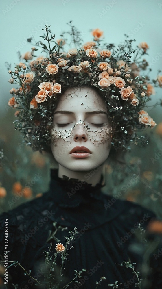 A woman in an orange field with a flower wreath on her head, eyes closed A woman in an orange field with a flower wreath on her head, eyes closed