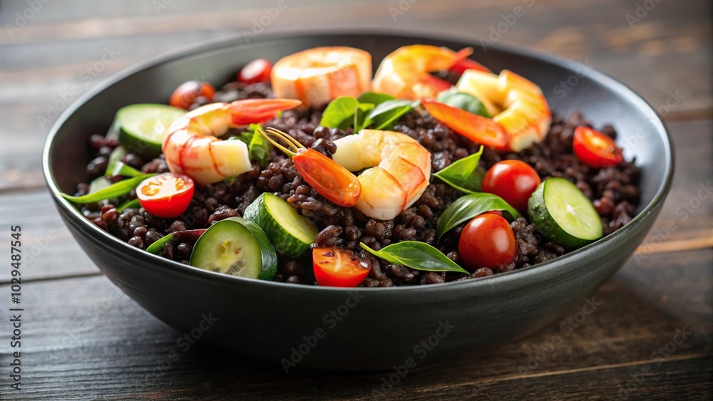 Tilted angle black rice with shrimp zucchinis and tomato Tilted angle black rice with shrimp zucchinis and tomato