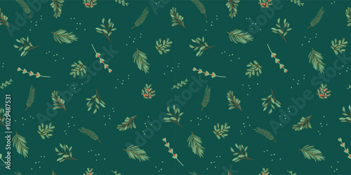 Christmas and Happy New Year seamless pattern. Branches, leaves, berries, snowflakes. New Year symbols. Trendy retro style. Vector template.