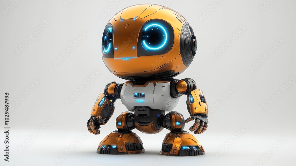 A friendly, futuristic robot character with bright blue eyes and an orange exterior. A friendly, futuristic robot character with bright blue eyes and an orange exterior.