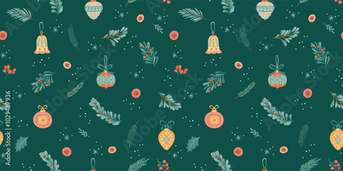 Christmas and Happy New Year seamless pattern. Christmas tree decorations branches, berries, snowflakes. New Year symbols. Trendy retro style. Vector template.