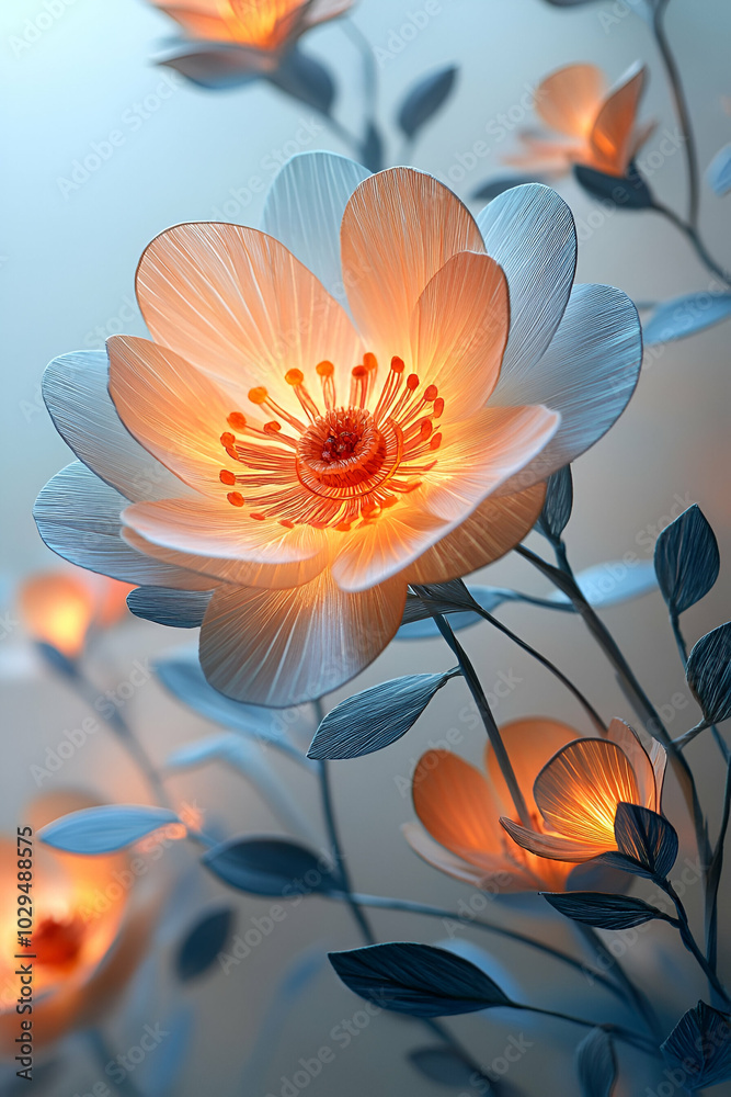 Fototapeta premium A close up of a flower with a blue background. The flower is white and has a yellow center. The image has a serene and calming mood, as the flower is the main focus