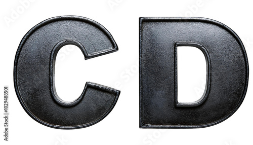 3D Letters C D Grunge Black Metal Alphabet Isolated on White