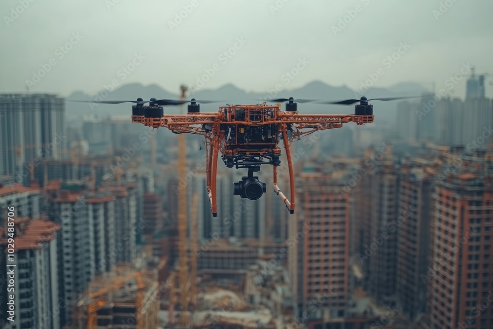 A drone captures aerial views of a construction site in an urban area. A drone captures aerial views of a construction site in an urban area.