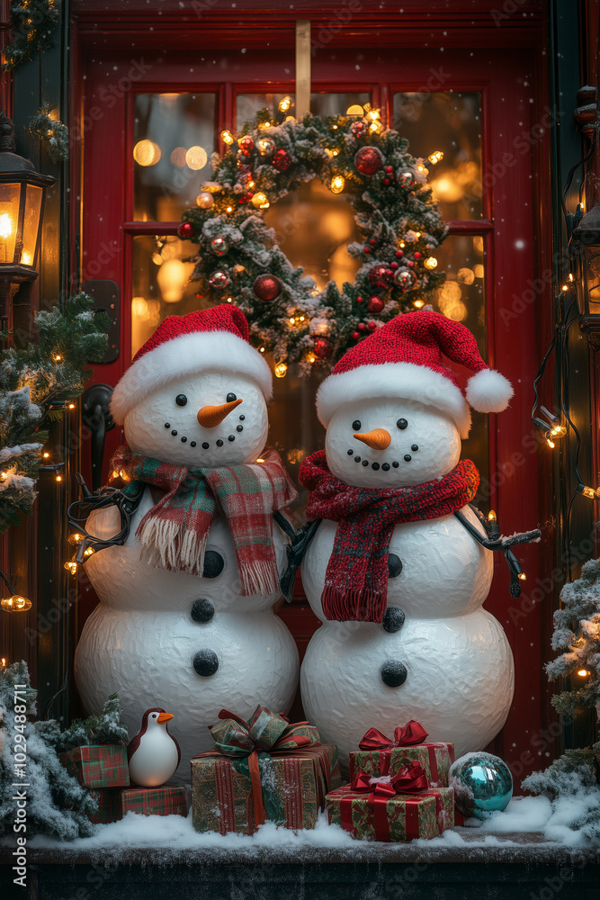beautiful red door decorated with Christmas wreaths, two snowmen standing in front of the door wearing Santa hats and scarves beautiful red door decorated with Christmas wreaths, two snowmen standing in front of the door wearing Santa hats and scarves