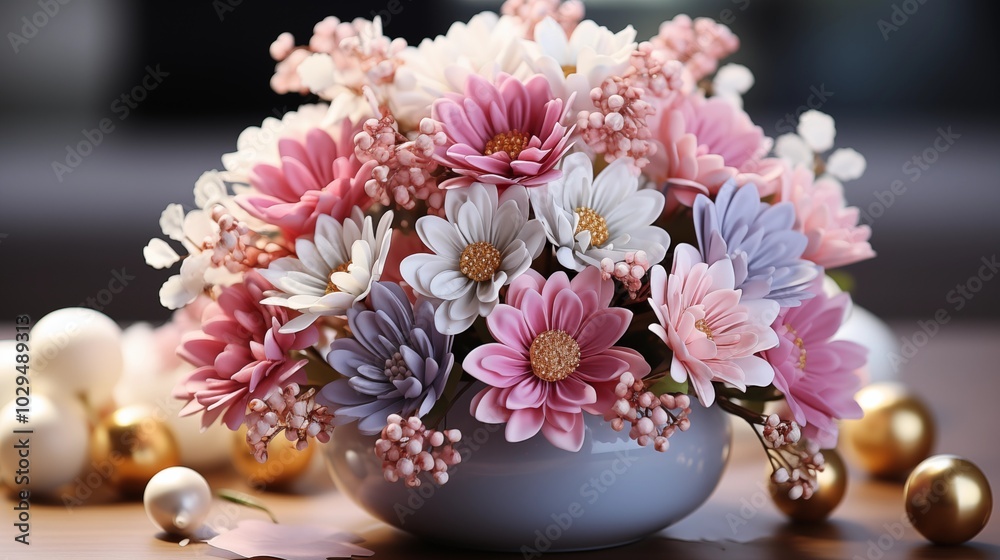 Easter, eggs, Beautiful bouquet flowers in vase and background table. Birthday, Wedding, Mother's Day, Valentine's day, Women's Day. Easter, eggs, Beautiful bouquet flowers in vase and background table. Birthday, Wedding, Mother's Day, Valentine's day, Women's Day.