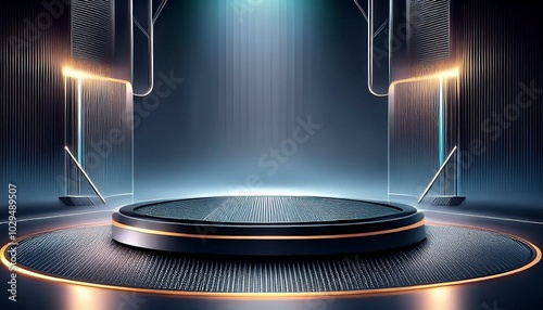 Futuristic dark podium with light and reflection background