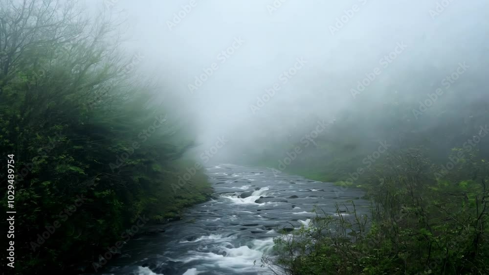 Cold, blue toned image of a rocky river flowing through a misty forest. The fog is thick and obscures the trees and background