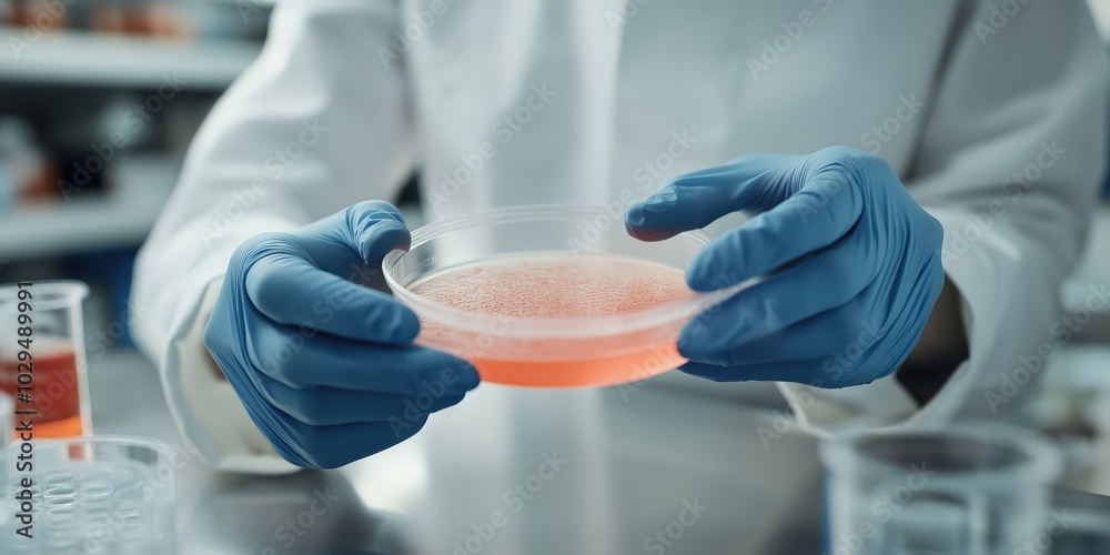 A biochemists hands in blue gloves culturing bacteria in a petri dish A biochemists hands in blue gloves culturing bacteria in a petri dish