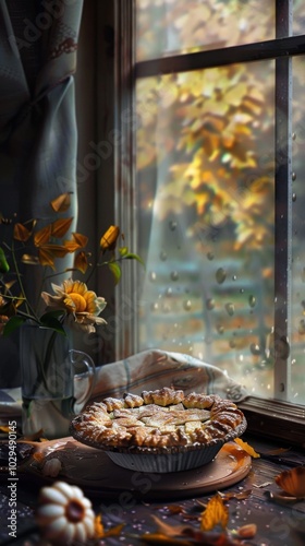 Freshly baked pie on a windowsill, 4K hyperrealistic photo