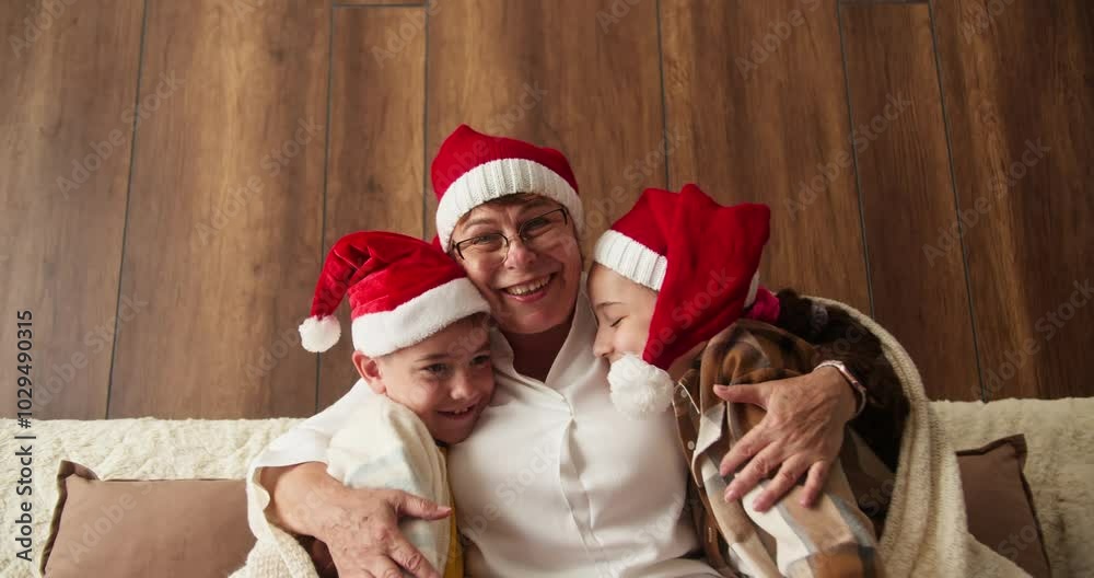 Happy grandmother with her grandchildren in living room at Christmas, of happy family sitting on sofa in living room. Grandmother is hugging her granddaughter and grandson wearing Santa Claus hats Happy grandmother with her grandchildren in living room at Christmas, of happy family sitting on sofa in living room. Grandmother is hugging her granddaughter and grandson wearing Santa Claus hats