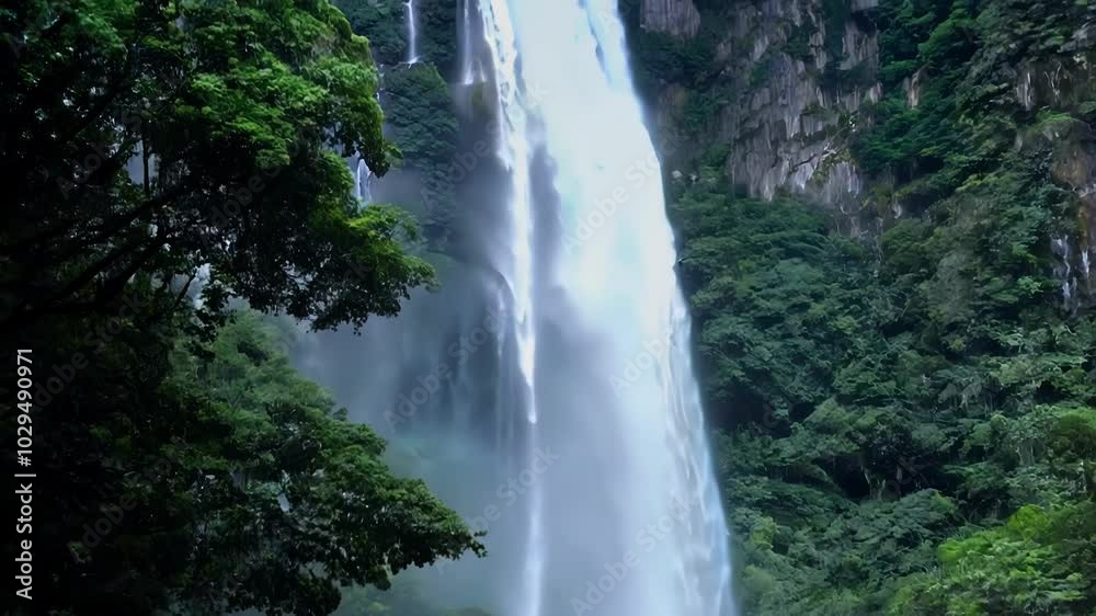 Water plunges down a sheer cliff face surrounded by vibrant green vegetation, creating a misty spray at the bottom. The sound of rushing water fills the air, creating a sense of tranquility and awe