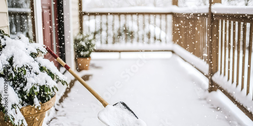 Snow covered front door porch with a shovel, winter cold weather, clearing pathway, outdoor porch maintenance photo