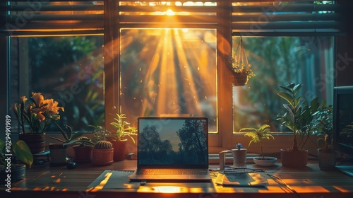 Cozy living room setup with plants and a laptop in natural light during the afternoon