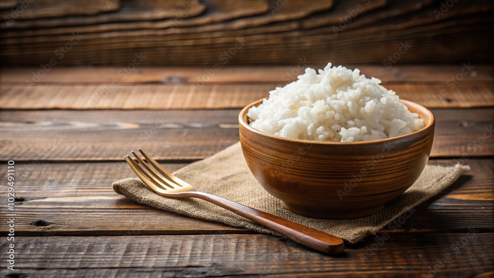 Panoramic bowl of steamed white rice on rustic table with fork, simple and healthy meal Panoramic bowl of steamed white rice on rustic table with fork, simple and healthy meal