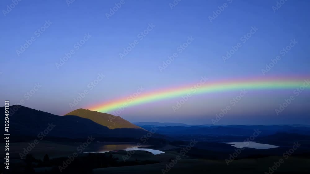 Colorful rainbow arches over a mountain valley at sunset, painting the sky in vibrant hues. The serene scene radiates peace and beauty in nature Colorful rainbow arches over a mountain valley at sunset, painting the sky in vibrant hues. The serene scene radiates peace and beauty in nature