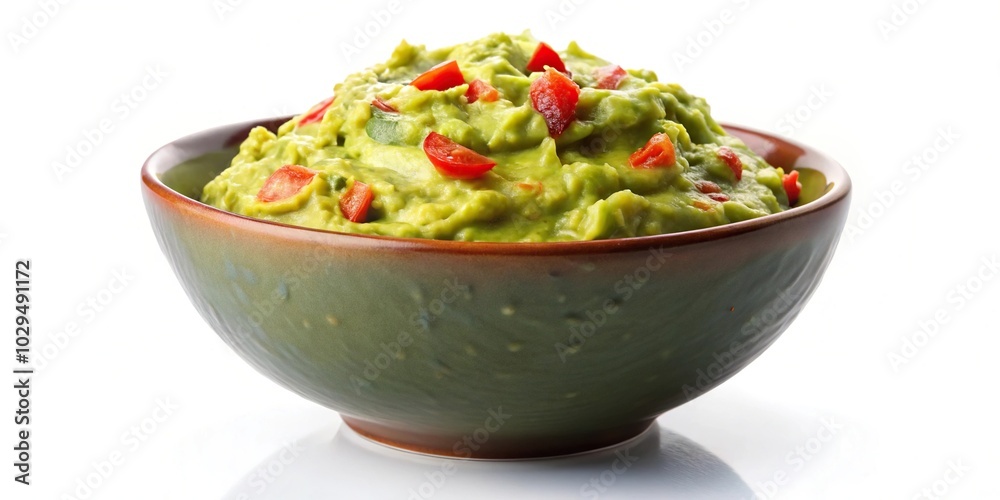 panoramic bowl with fresh guacamole on white background panoramic bowl with fresh guacamole on white background