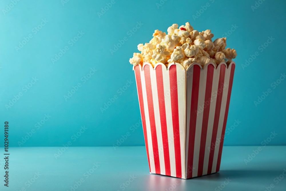 Popcorn box on light blue background filled with popcorn Popcorn box on light blue background filled with popcorn