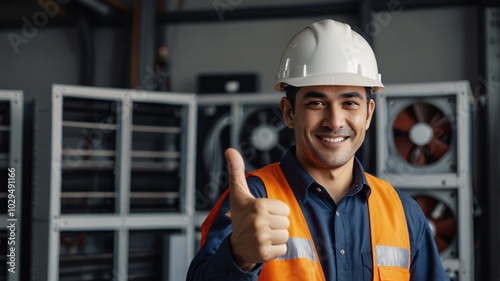 Service technician, installation, maintenance Air conditioner Cooling machine, thumbs up, employee wearing work clothes Safety hard hat, helmet.