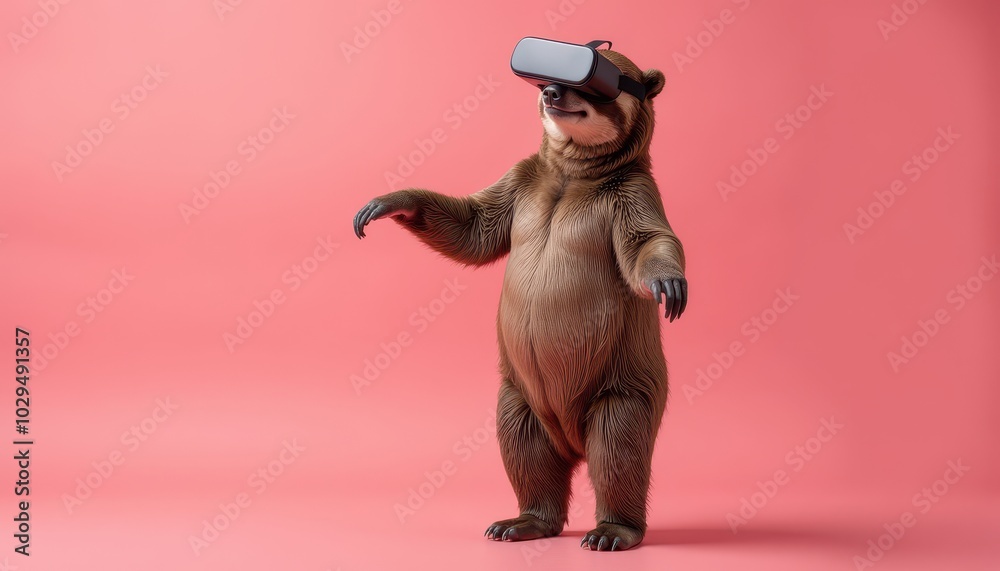 Sloth Bear using VR glasses while standing over an isolated coral pink background. Sloth Bear using VR glasses while standing over an isolated coral pink background.