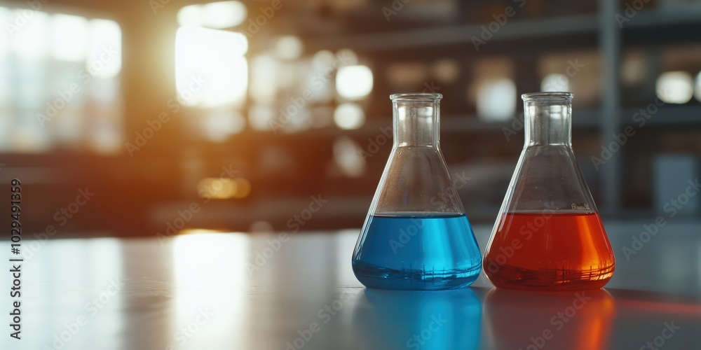 Two glass beakers filled with chemical solutions are on a table in a laboratory Two glass beakers filled with chemical solutions are on a table in a laboratory