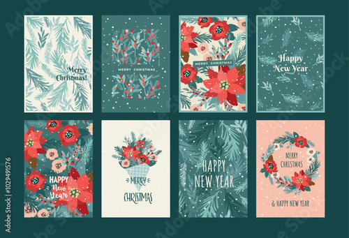 Christmas and Happy New Year cards with flowers, christmas tree, branches, leaves, berries, snowflakes. Trendy retro style. Vector templates.