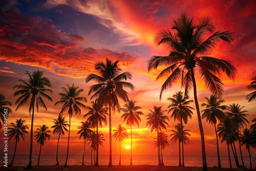 Tropical sunset background with palm trees on red backdrop Tropical sunset background with palm trees on red backdrop