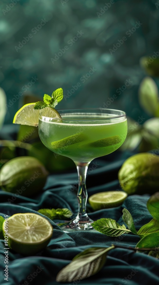 Vibrant green cocktail garnished with a lemon slice surrounded by fresh citrus fruits Vibrant green cocktail garnished with a lemon slice surrounded by fresh citrus fruits