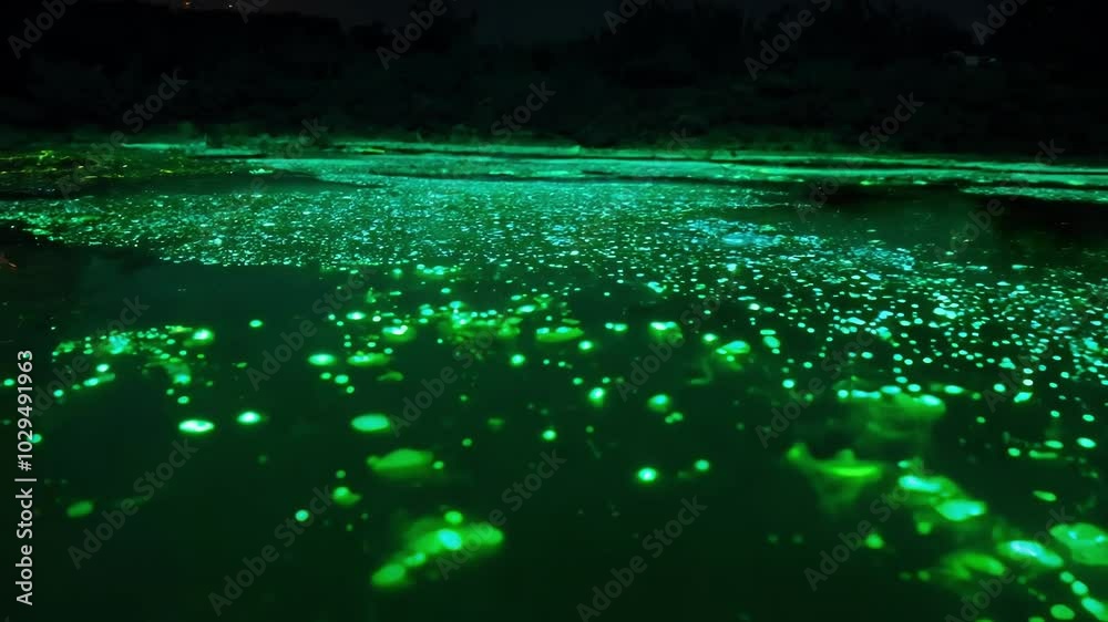 Bioluminescent algae is creating a magical atmosphere with its glowing particles illuminating the water surface at night. The glowing effect is creating a surreal and captivating scene
