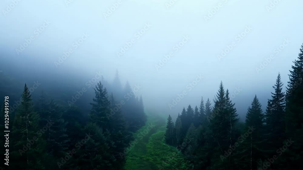 Dense fog is covering a hiking trail in the middle of a forest full of evergreen trees, creating a mysterious and evocative atmosphere Dense fog is covering a hiking trail in the middle of a forest full of evergreen trees, creating a mysterious and evocative atmosphere