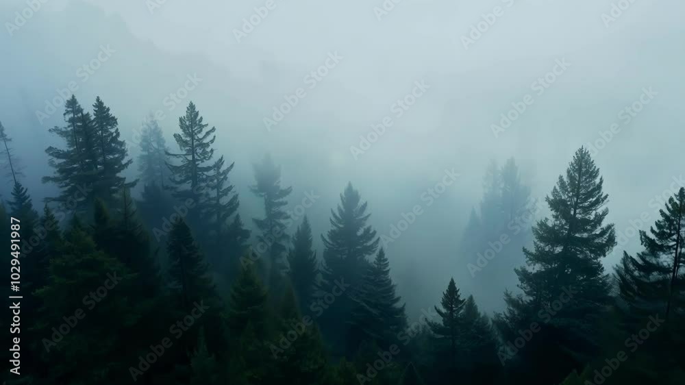 Dense fog is obscuring the view of evergreen trees in a pacific northwest forest, creating a mysterious and atmospheric scene Dense fog is obscuring the view of evergreen trees in a pacific northwest forest, creating a mysterious and atmospheric scene