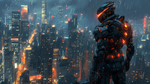 Mecha Samurai Overlooking Neon City: Futuristic Anime Art