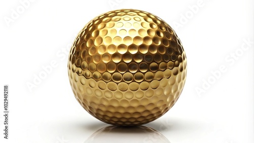 Reflected golden golf ball isolated on white background