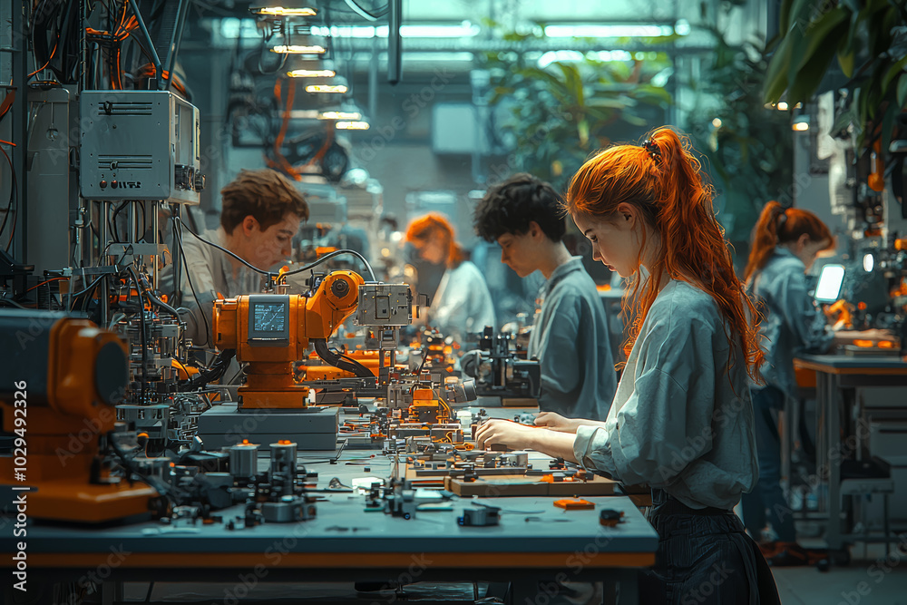 A classroom of students working with AI to build robots, symbolizing the merging of AI education with practical skills. Concept of AI in STEM education. A classroom of students working with AI to build robots, symbolizing the merging of AI education with practical skills. Concept of AI in STEM education.