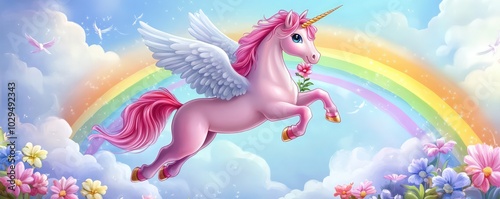 Cute pegasus unicorn jumping over a rainbow while holding a flower