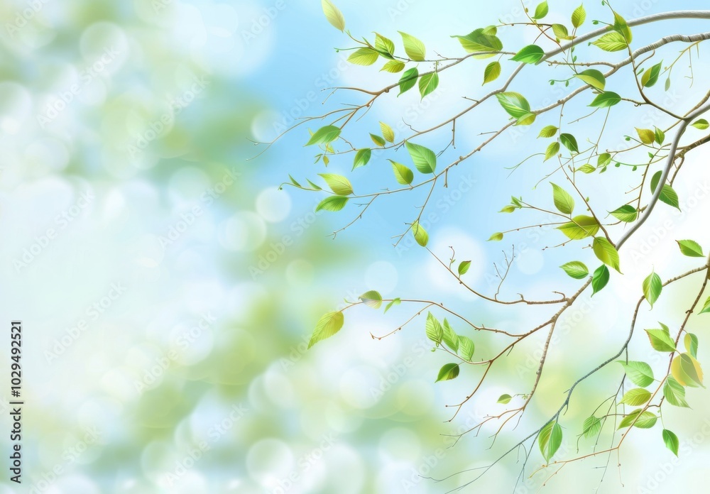 Elegant Spring Scene: Birch Branches and Green Leaves Against a Softly Blurred Sky on a Bright Sunny Day, Perfect for Illustrations Elegant Spring Scene: Birch Branches and Green Leaves Against a Softly Blurred Sky on a Bright Sunny Day, Perfect for Illustrations
